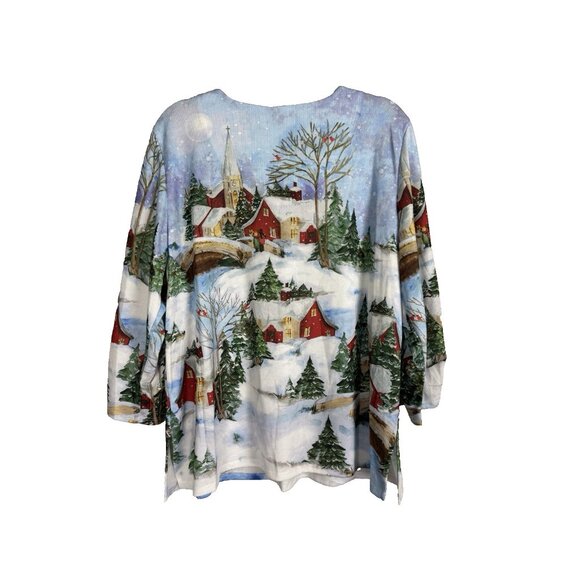 AD Womens 1X Holiday Novelty All Over Print Tunic Blouse Grandma Festive Cottage - Picture 2 of 7